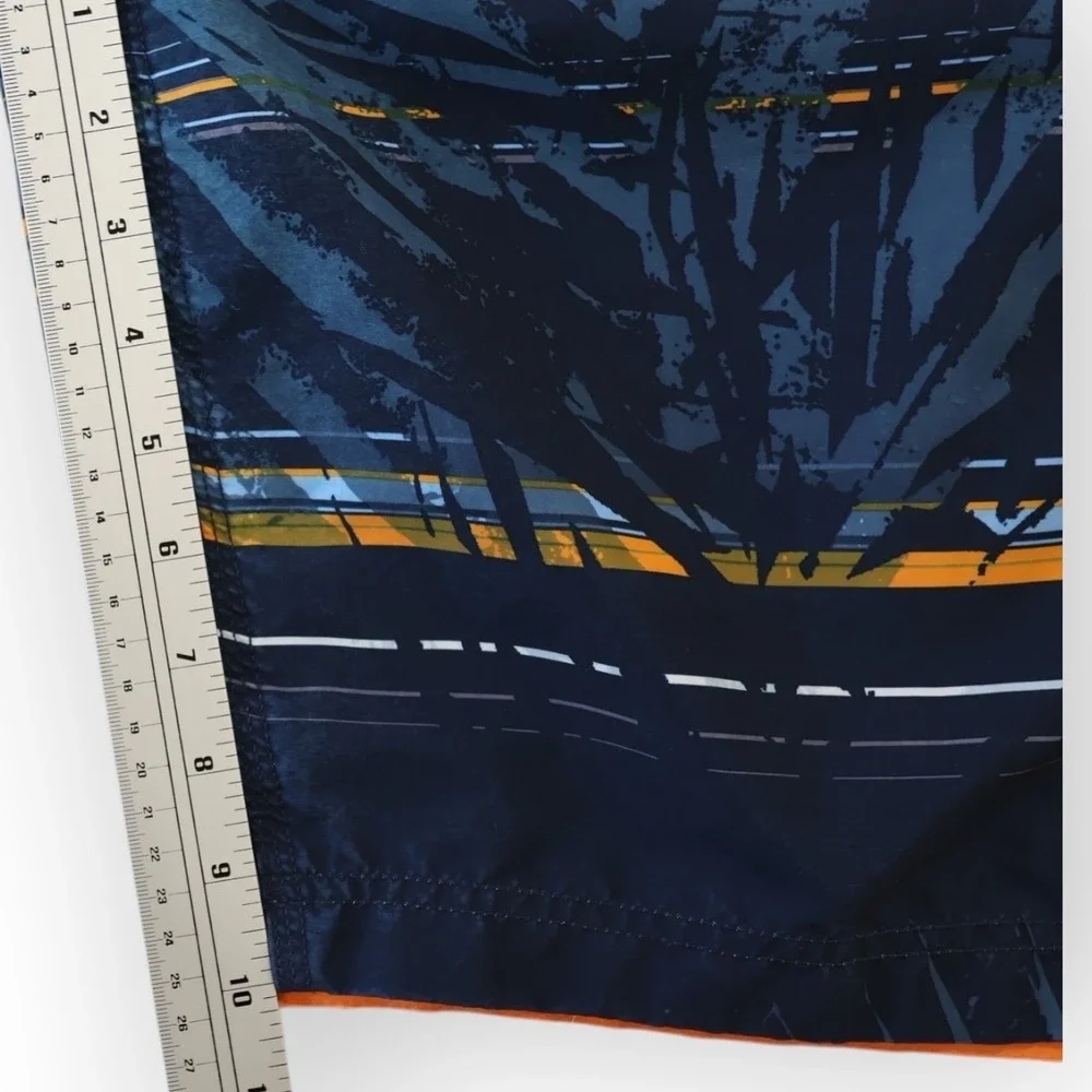 Speedo Mens Board Shorts Navy Blue Orange Tropical Palm Stripe Swim Trunks L‎